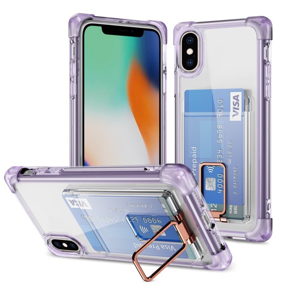 Design for iPhone XS Max Case with Card Holder, Wallet Ring Holder Kickstand Case Clear Slim Four Corner Enhanced Protective Cover Anti-Scratch Shockproof Phone Card Case for iPhone XS Max, Purple