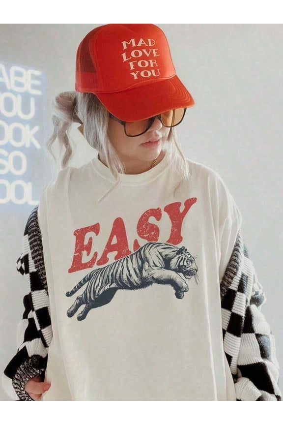 Design3 White Easy Tiger Graphic Tee Unisex Crew Neck Oversized Retro Boho T-Shirt