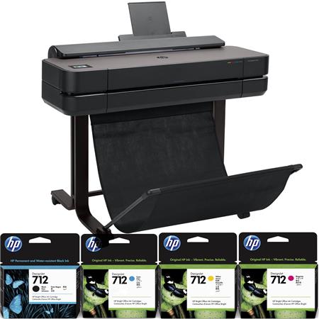 DesignJet T650 Large Format Printer, 24" Color Inkjet Plotter, Wireless, Bundle with HP 712 29ml Cyan/ HP 712 29ml Magenta / HP 712 29ml Yellow / HP 712 38ml Black Ink Cartridges