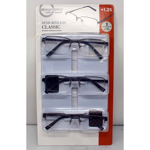 Design Optics By Foster Grant Semi-Rimless Classic +1.25, 3 Pack