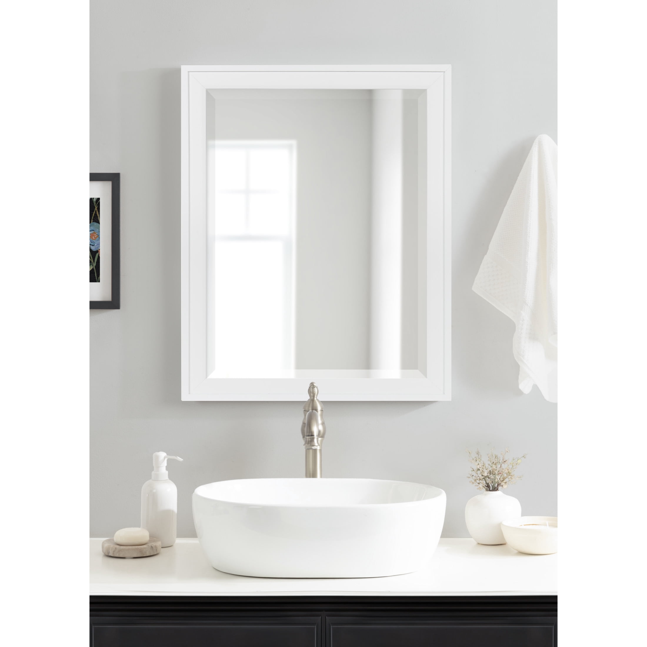 DesignOvation Bosc Framed Decorative Rectangle Wall Mirror, 22 x 28, White, Transitional Rectangular Vanity Mirror for Use as Bathroom Mirror for Over Sink or Refined Entryway Mirror