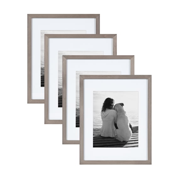 DesignOvation Gallery Picture Frame Set, Set of 4, 11 x 14 Matted to 8 x 10, Gray, Decorative Farmhouse Set of Robust Solid Wood Picture Frames for Wall Decor