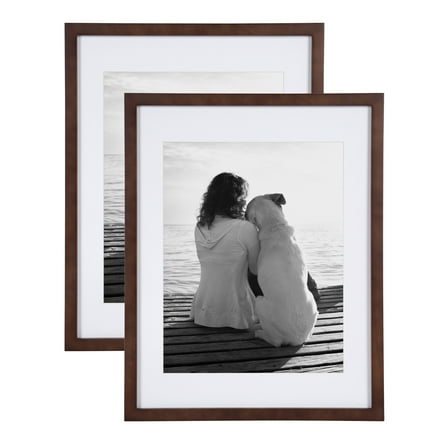 DesignOvation Gallery Wood Photo Frame Set for Customizable Wall Display, Walnut Brown 14x18 matted to 11x14, Pack of 2