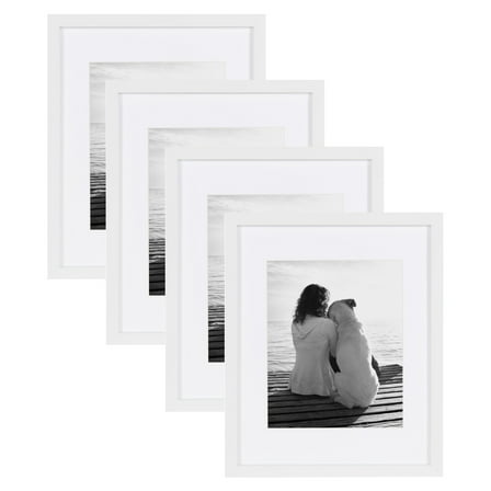 DesignOvation Gallery Wood Photo Frame Set for Customizable Wall Display, White 11x14 matted to 8x10, Pack of 4