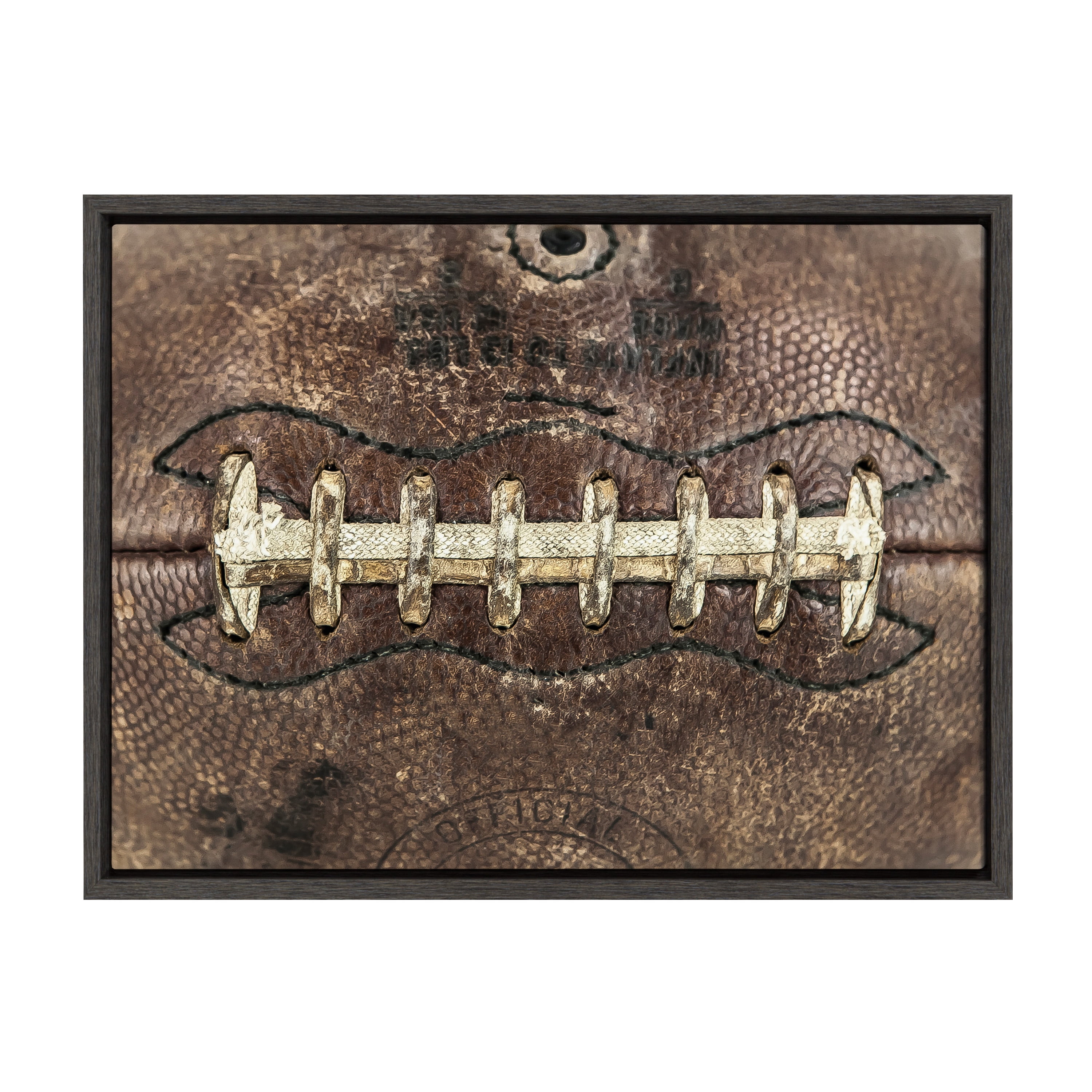 DesignOvation Sylvie Vintage Football Laces Framed Canvas By Shawn St. Peter, 18x24 Dark Grey, Transitional Sports Wall Decor For Office, Bedroom, Or Living Room