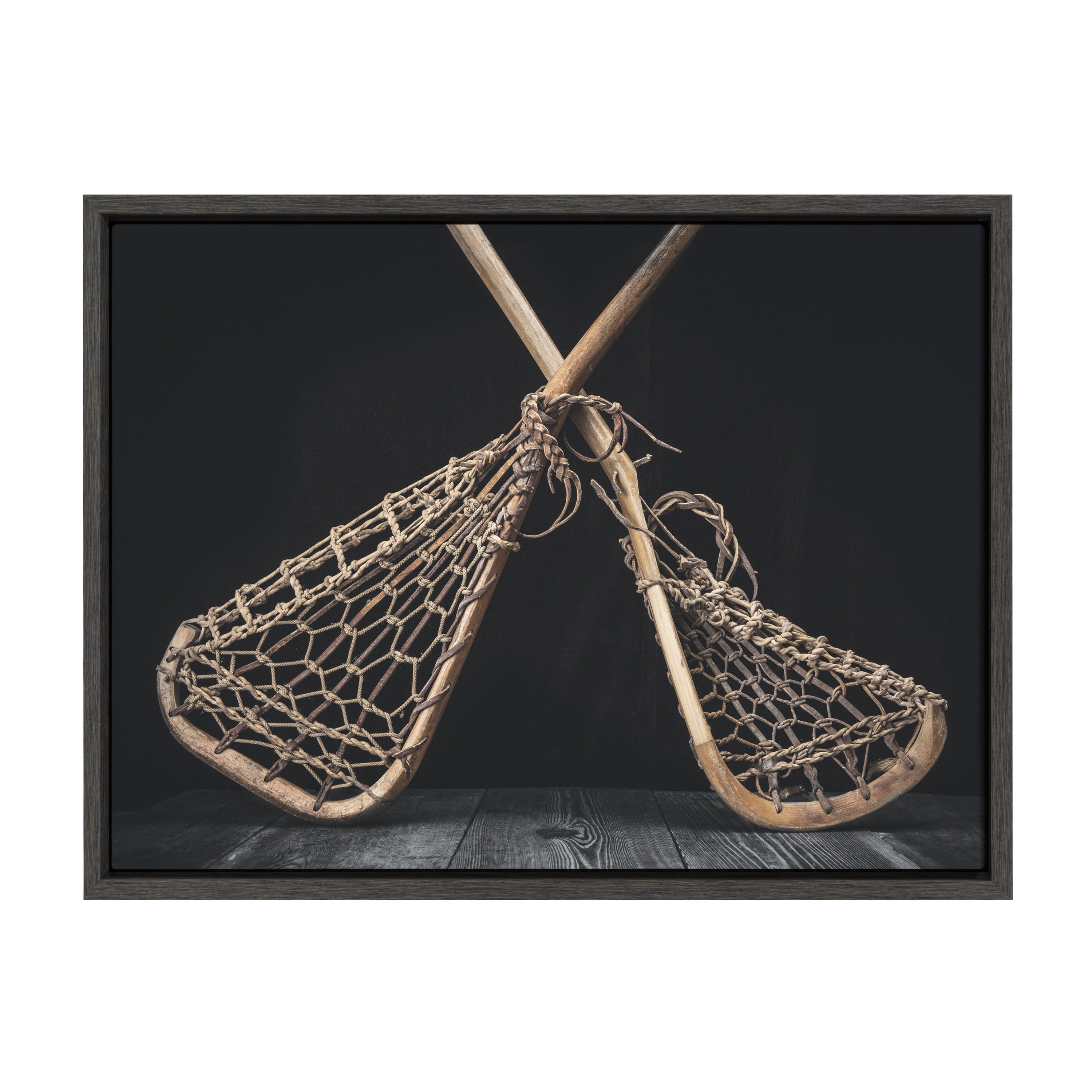 DesignOvation Sylvie Vintage Lacrosse Sticks Framed Canvas By Shawn St. Peter, 18x24 Dark Grey, Transitional Sports Wall Decor For Office, Bedroom, Or Living Room