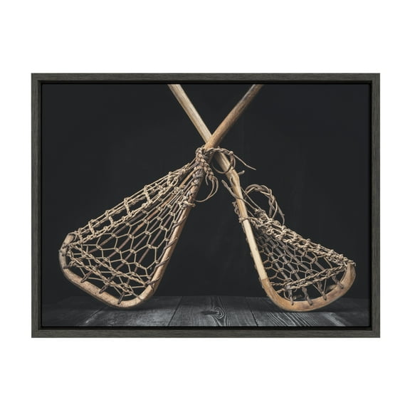 DesignOvation Sylvie Vintage Lacrosse Sticks Framed Canvas By Shawn St. Peter, 18x24 Dark Grey, Transitional Sports Wall Decor For Office, Bedroom, Or Living Room