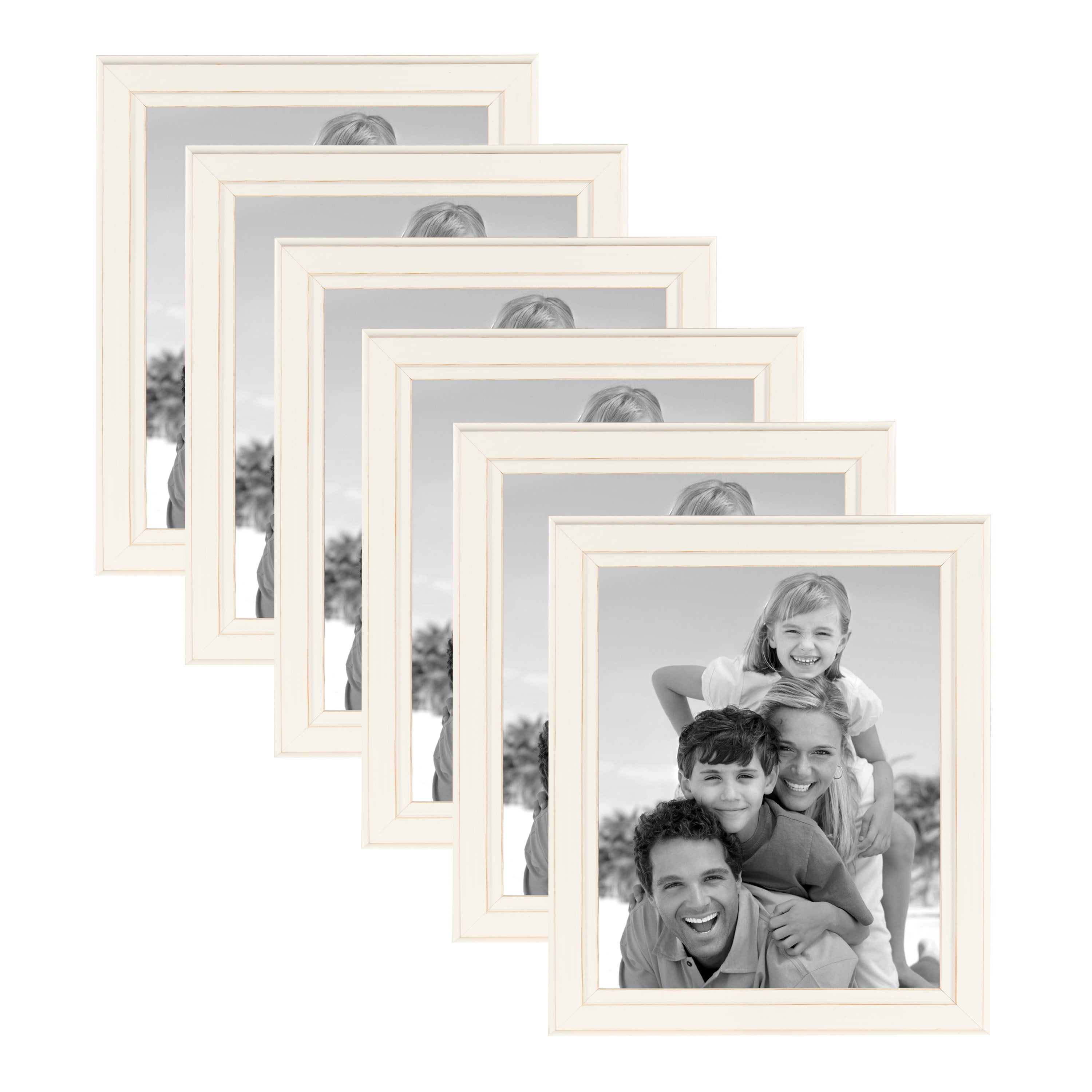 DesignOvation Kieva Solid Wood Picture Frame, Distressed Soft White 8x10, Pack of 6