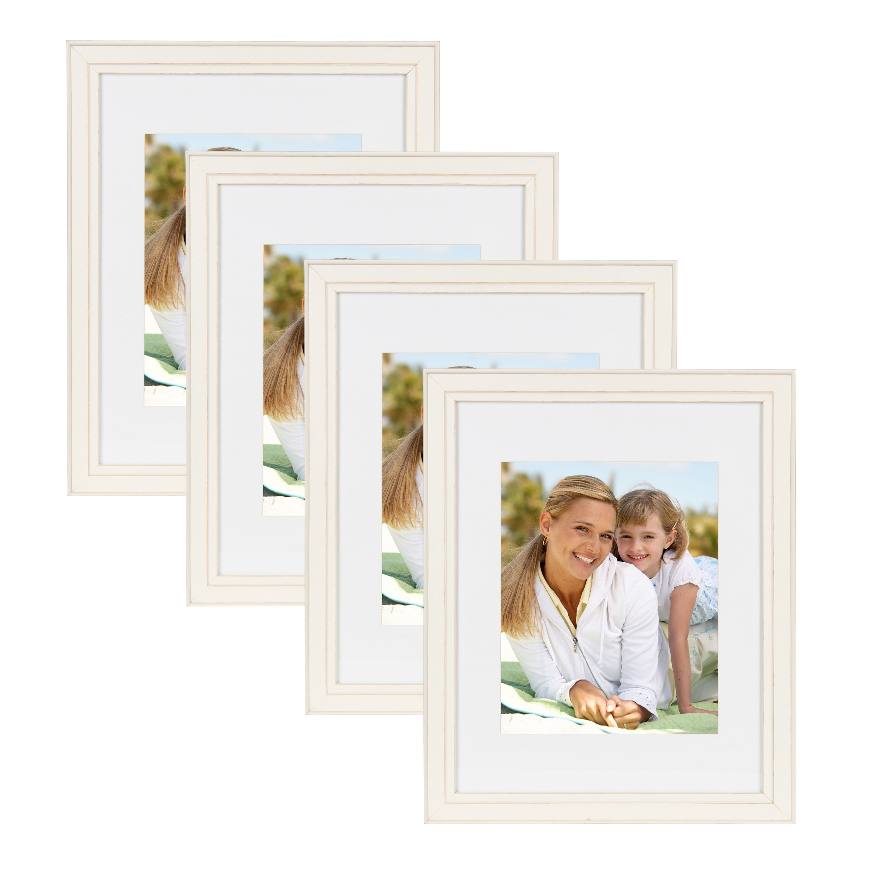 DesignOvation Kieva Solid Wood Picture Frames, Distressed Soft White 11x14 matted to 8x10, Pack of 4