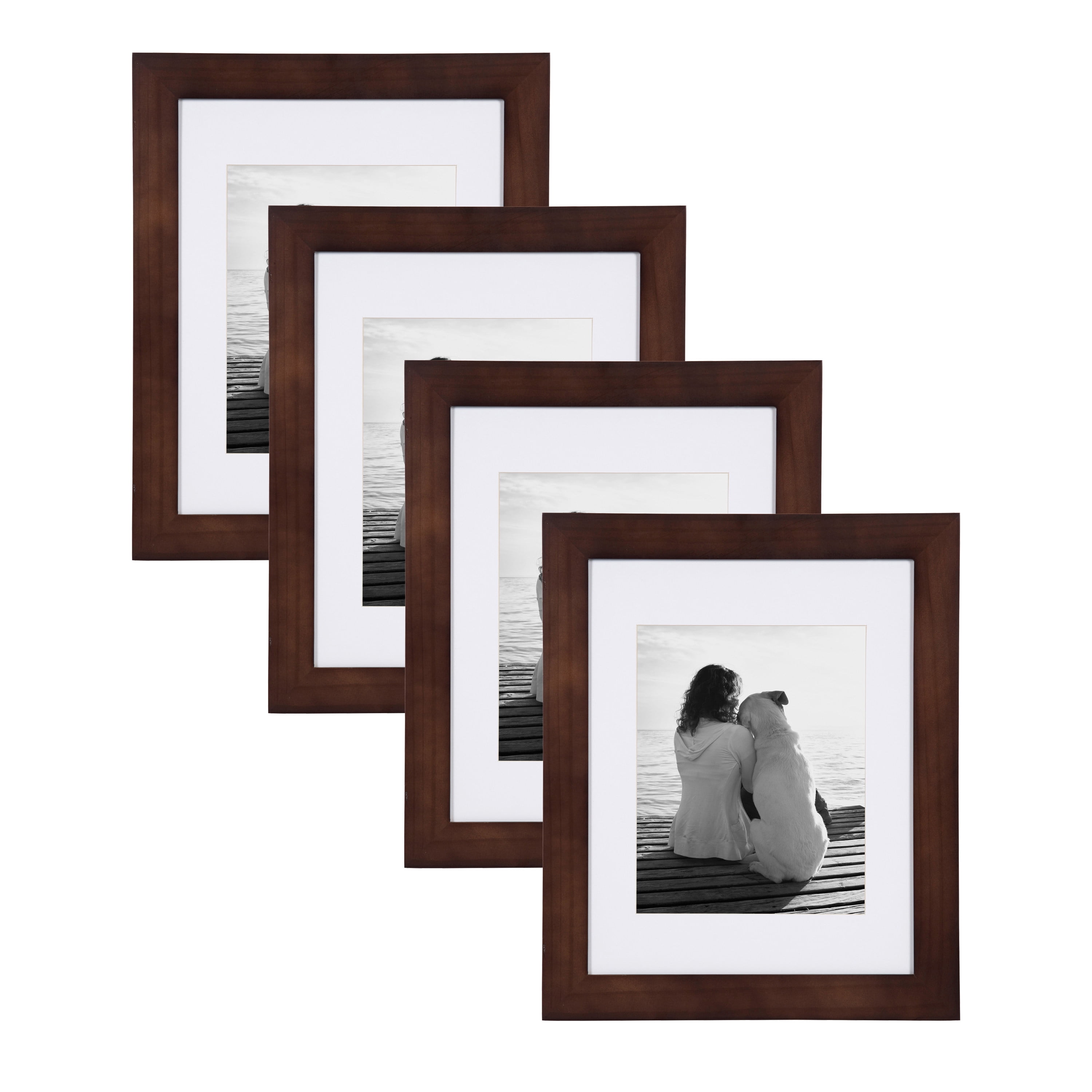 DesignOvation Museum Wooden Traditional Picture Frame Set with Mats for Customizable Wall Display, 11x14 matted to 8x10, Walnut Brown, 4 Pack