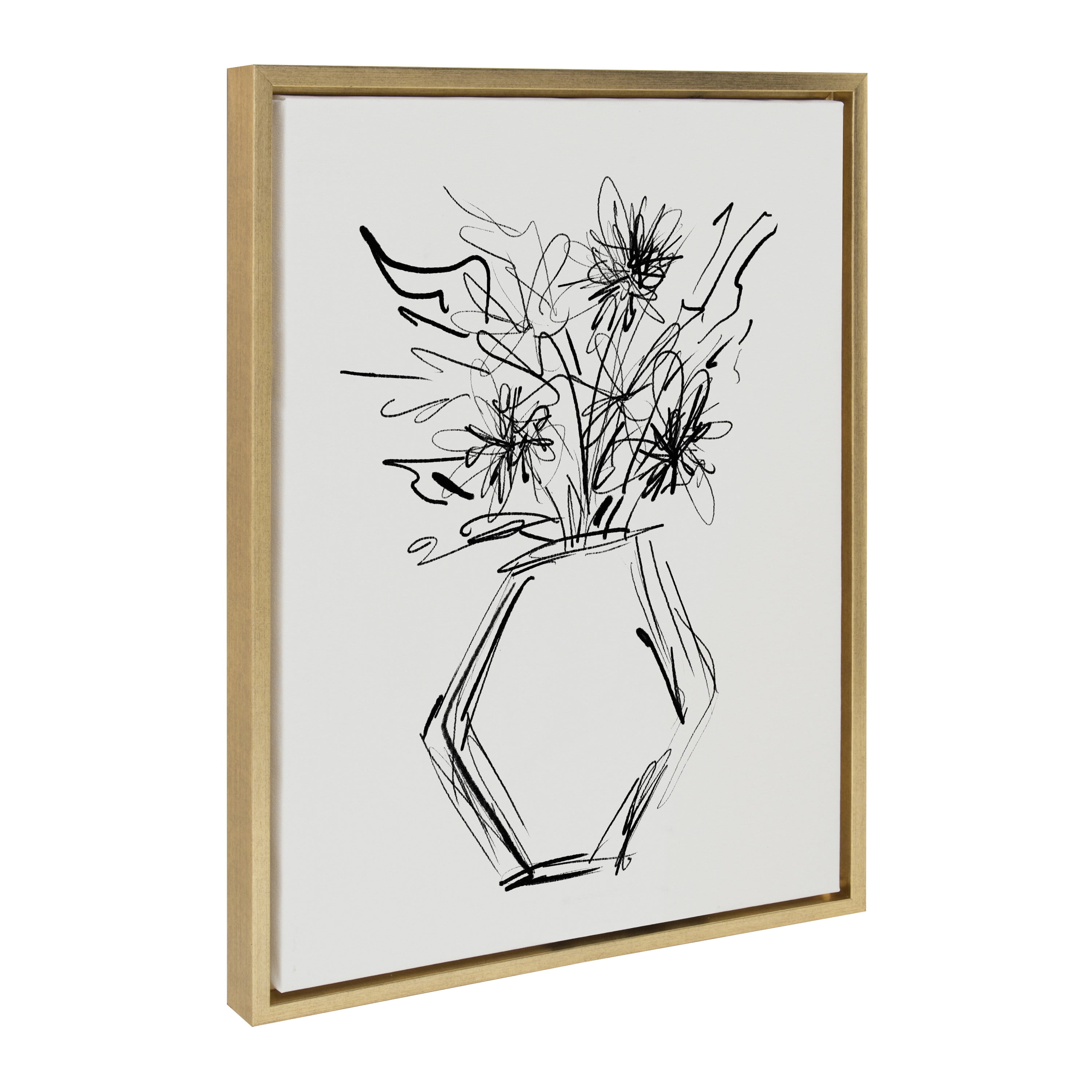 DesignOvation Sylvie BB Line Drawn Flower Vase Hexagon Framed Canvas Wall Art by Border Bloom, 18x24 Bright Gold, Minimalist Flower Home Décor