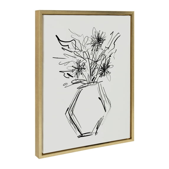 DesignOvation Sylvie BB Line Drawn Flower Vase Hexagon Framed Canvas Wall Art by Border Bloom, 18x24 Bright Gold, Minimalist Flower Home Décor