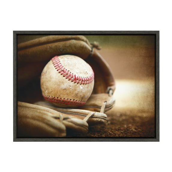 DesignOvation Sylvie Baseball Glove at Home Plate Framed Canvas By Shawn St. Peter, 18x24 Dark Grey, Transitional Sports Wall Decor For Office, Bedroom, Or Living Room