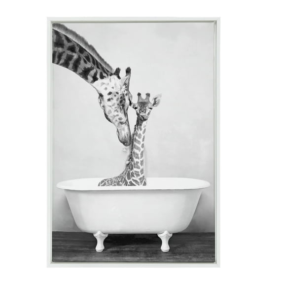 DesignOvation Sylvie Giraffe in Tub Framed Canvas Wall Art By Amy Peterson, 23x33 White, Humorous Animal Wall Decor