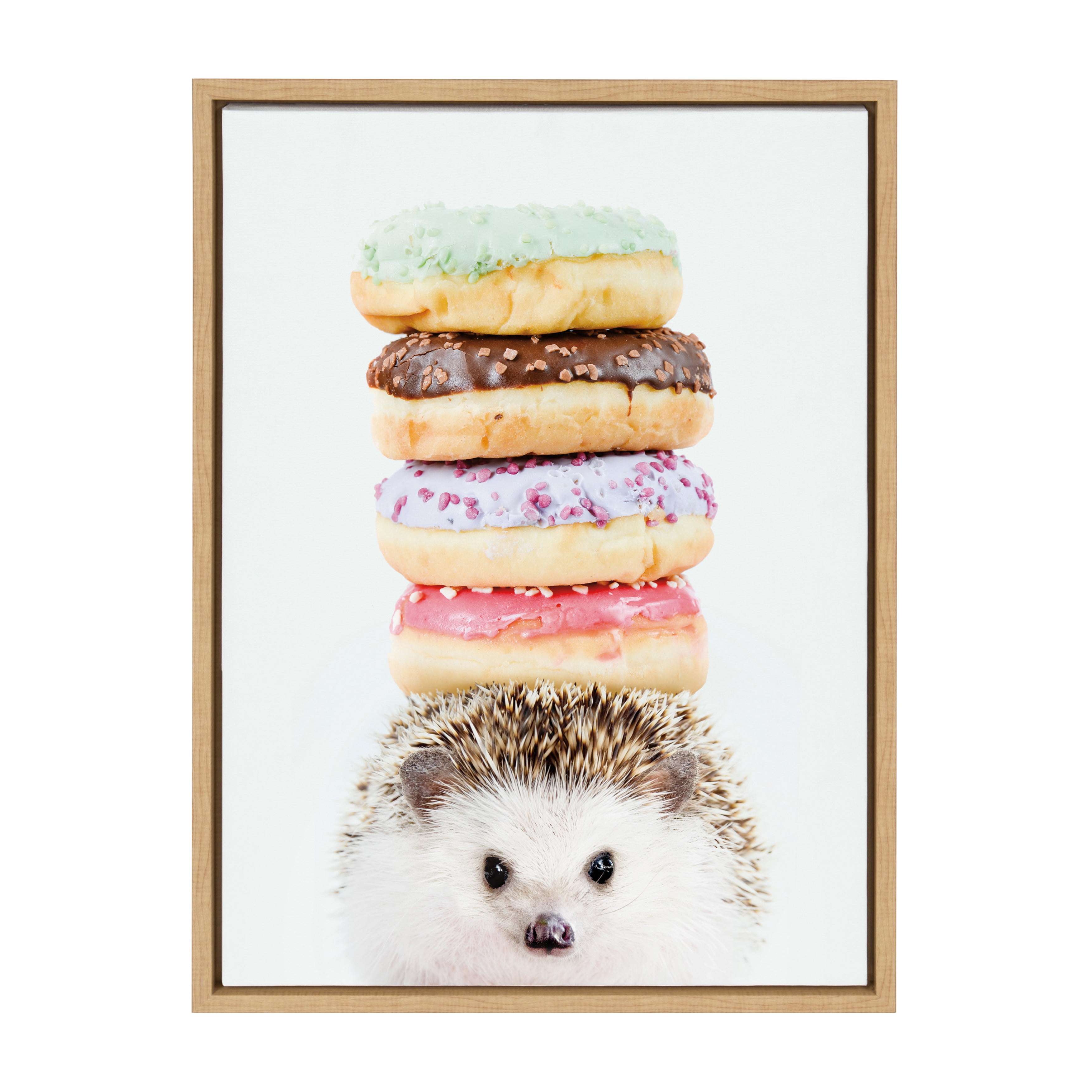 DesignOvation Sylvie Hedgehog Donuts Framed Canvas Wall Art By Amy Peterson, 18x24 Natural, Cute Baby Animal Portrait For Living Room, Bedroom, Or Nursery