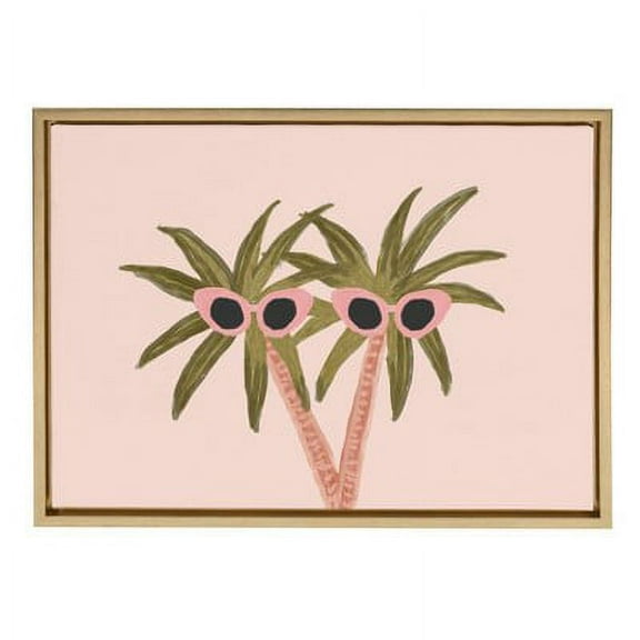DesignOvation Sylvie Palm Trees And Sun Framed Canvas Wall Art By Kendra Dandy, 18x24 Gold, Coastal Wall-Mounted Home Decor