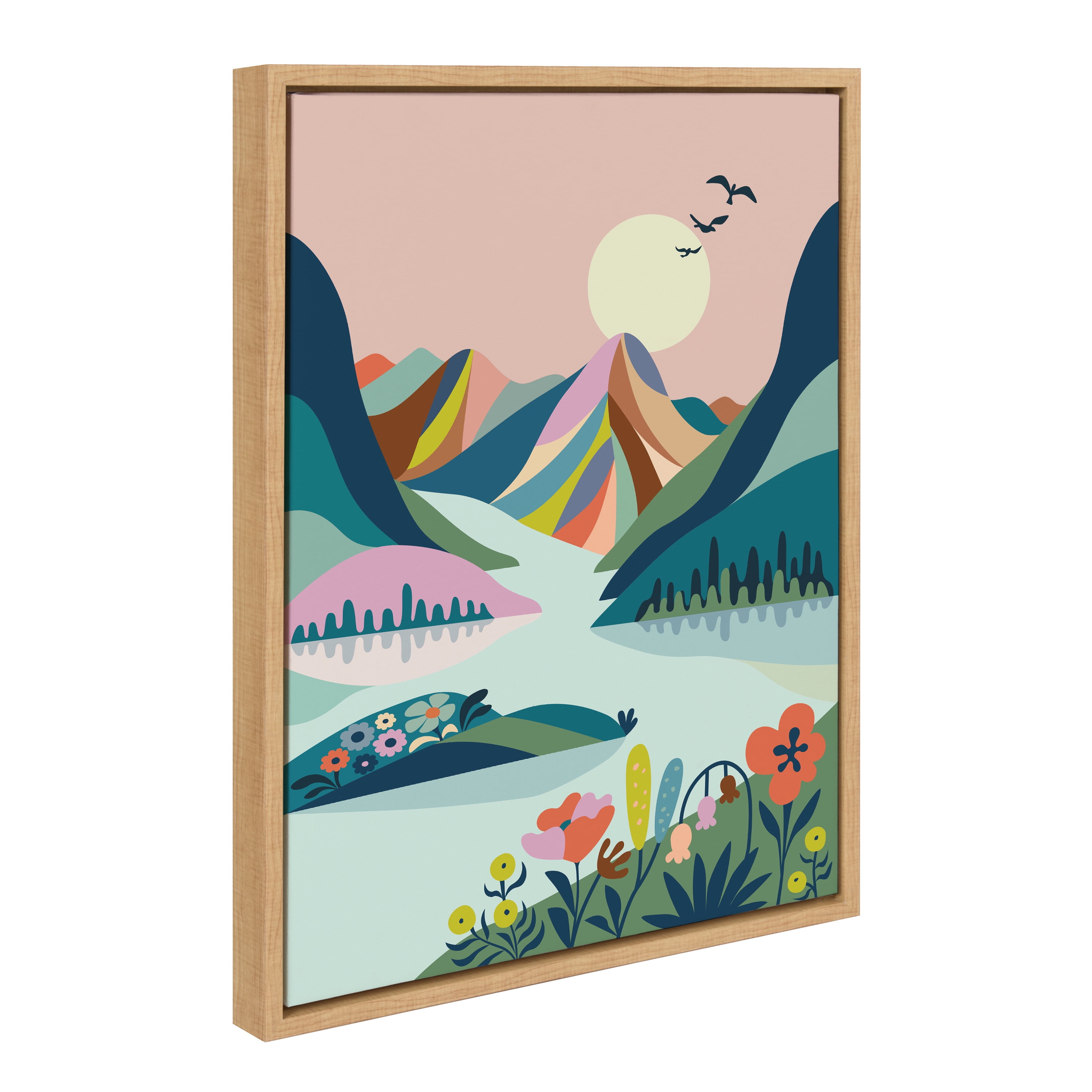 DesignOvation Sylvie Scenic Mountains Framed Canvas Wall Art by Rachel Lee, 18x24 Natural, Mid Century Modern Landscape Home Décor