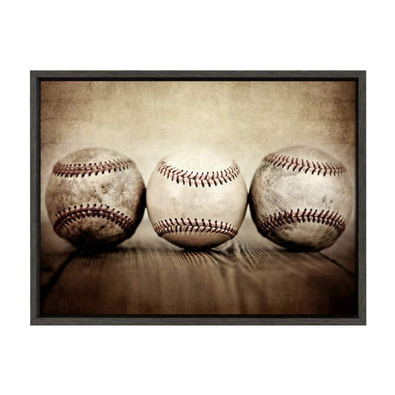 DesignOvation Sylvie Three Vintage Baseballs Framed Canvas By Shawn St. Peter, 18x24 Dark Grey, Transitional Sports Wall Decor For Office, Bedroom, Or Living Room