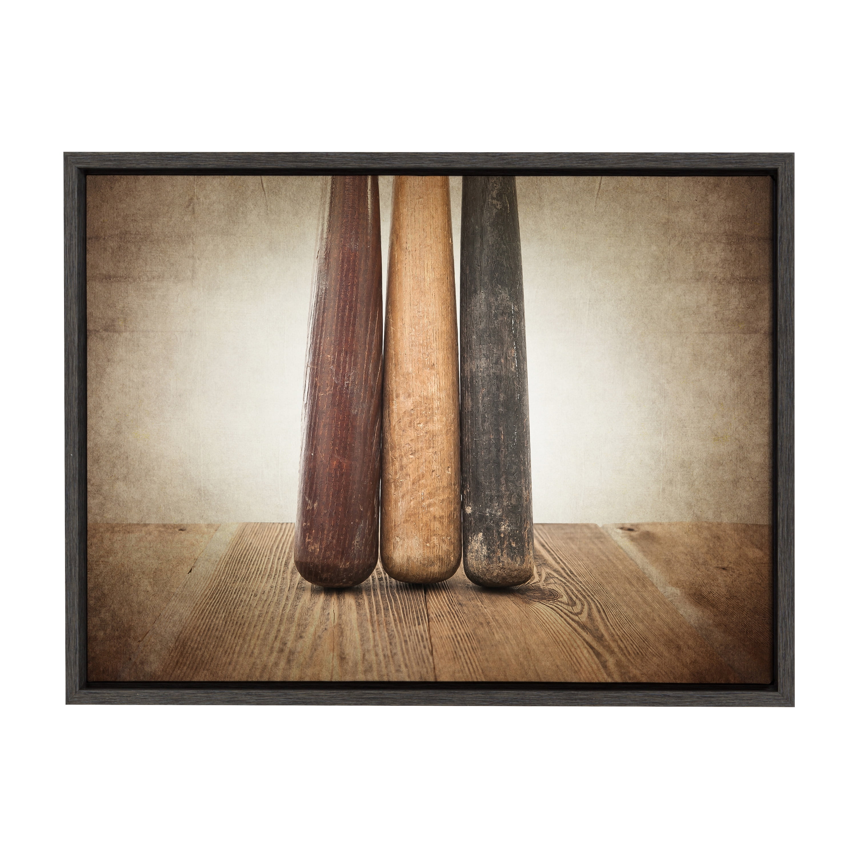 Three Vintage Bats Framed Canvas Print in Gray Woodgrain Frame