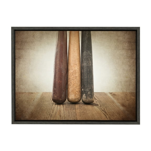 DesignOvation Sylvie Three Vintage Bats Framed Canvas By Shawn St. Peter, 18x24 Dark Grey, Transitional Sports Wall Decor For Office, Bedroom, Or Living Room