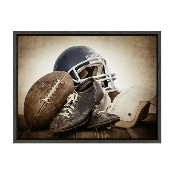 DesignOvation Sylvie Vintage Football Gear Framed Canvas By Shawn St. Peter, 18x24 Dark Grey, Transitional Sports Wall Decor For Office, Bedroom, Or Living Room