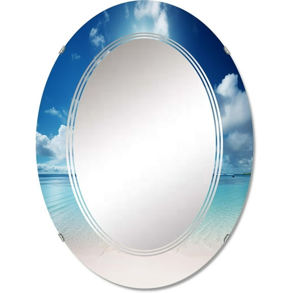 DesignQ Nautical & Beach wall mirror, Oval Nautical & Coastal mirror, Round Blue bathroom mirror, Coastal Beach vanity mirror Sea with Sandy Shore II printed mirror decor, oval mirror 24x36