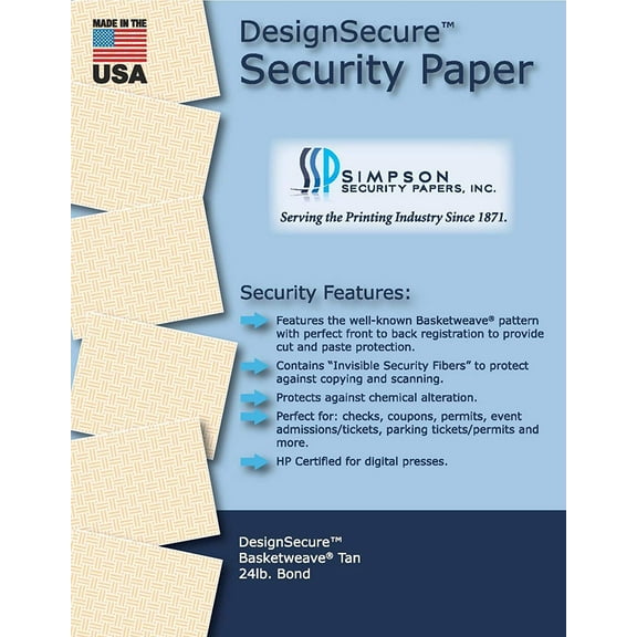 DesignSecure Basketweave Tan Security Paper 8.5 x 11, 500 Sheets by Simpson Security Papers