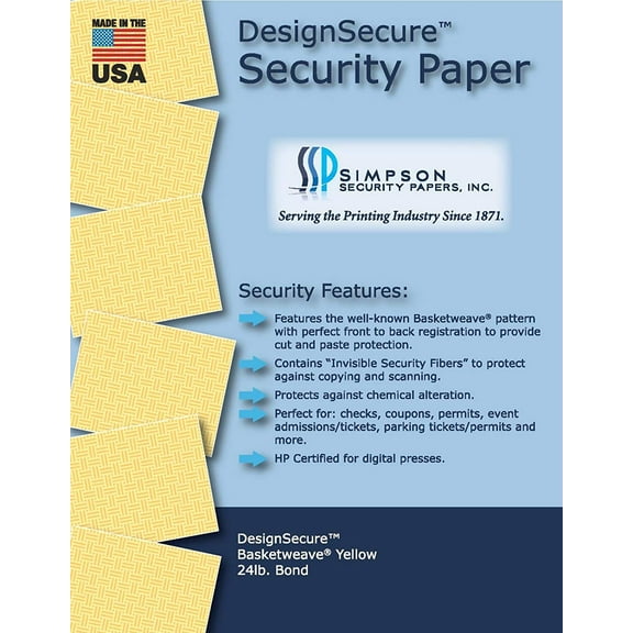 DesignSecure Basketweave Yellow Security Paper 8.5 x 11, 500 Sheets by Simpson Security Papers
