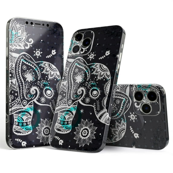 DesignSkinz Aztec Elephant Blue Accented Modern Illustration Full-Body Skin Decal Wrap Cover for iPhone 14 Pro Max