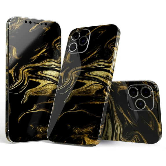 DesignSkinz Black & Gold Marble Swirl V7 Full-Body Skin Decal Wrap Cover for iPhone 13 Pro