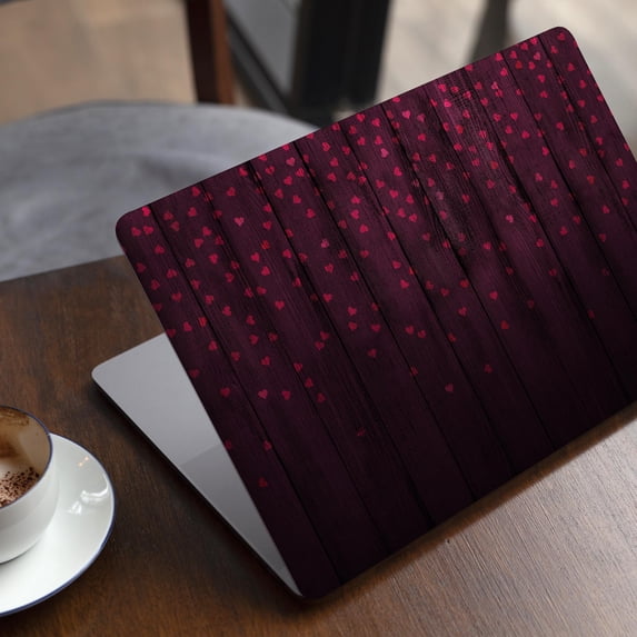 DesignSkinz Falling Micro Hearts Over Burgundy Planks of Wood Full-Body Skin Decal Wrap Cover for MacBook Pro 16" M1/M2/M3 (A2485/A2780/A2991)
