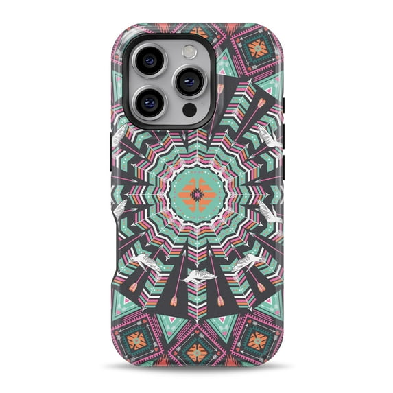 DesignSkinz Scratch-Resistant Hard Slim Case Compatible with iPhone 12 Mini (Compatible with MagSafe) - Mirrored Coral and Colored Vector Aztec Pattern
