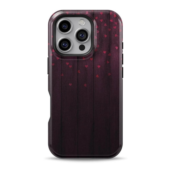 DesignSkinz Scratch-Resistant Hard Slim Case Compatible with iPhone 15 Pro (Compatible with MagSafe) - Falling Micro Hearts Over Burgundy Planks of Wood
