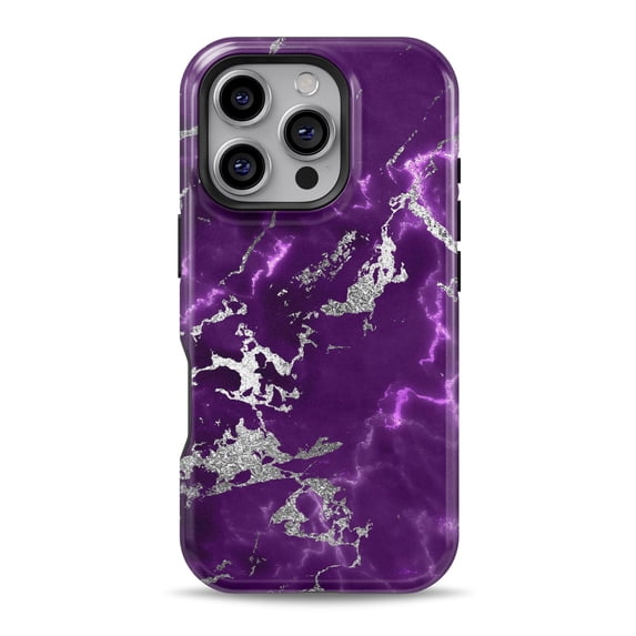 DesignSkinz Scratch-Resistant Hard Slim Case Compatible with iPhone 15 Pro (Compatible with MagSafe) - Purple Marble & Digital Silver Foil V2