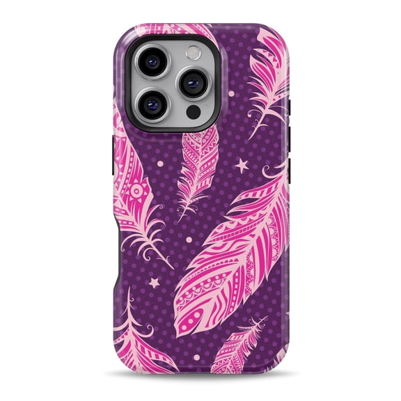 DesignSkinz Scratch-Resistant Hard Slim Case Compatible with iPhone 16 (Compatible with MagSafe) - Pink Aztec Feather Galore