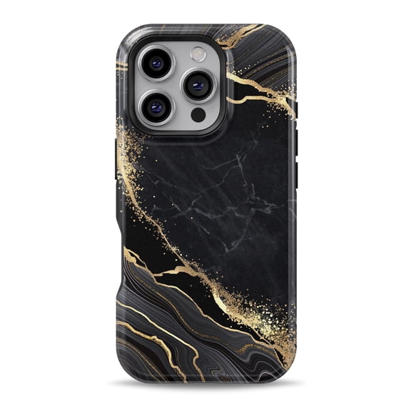 DesignSkinz Scratch-Resistant Hard Slim Case Compatible with iPhone 16 Pro (Compatible with MagSafe) - Luxury Black & Gold Marble Veins