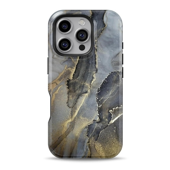 DesignSkinz Scratch-Resistant Hard Slim Case Compatible with iPhone 16 Pro (Compatible with MagSafe) - Luxury Marble Abstract Gold and Grays V4