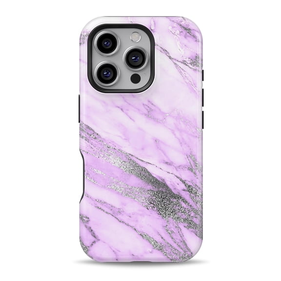 DesignSkinz Scratch-Resistant Hard Slim Case Compatible with iPhone 16 Pro (Compatible with MagSafe) - Purple Marble & Digital Silver Foil V10