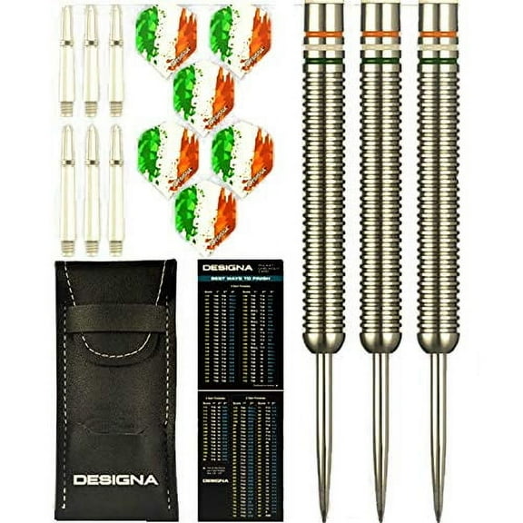 Designa 22g 90% Tungsten Flag of Ireland Fighting Irish Patriot X Steel Tip Dart Set, Flights & Shafts Included (2 Sets Each), w/Travel Case, 22 Grams