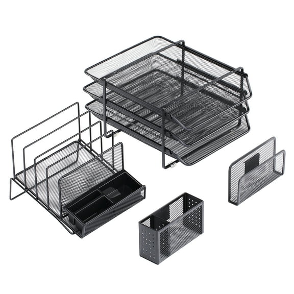 Designa Stackable Mesh Desk Organizer - Features 3 Sliding Letter Tray Drawers, 4 File Holders, 2 Side Compartments, and a Pencil Holder - Non-Slip All-in-One Office Storage Solution, Black