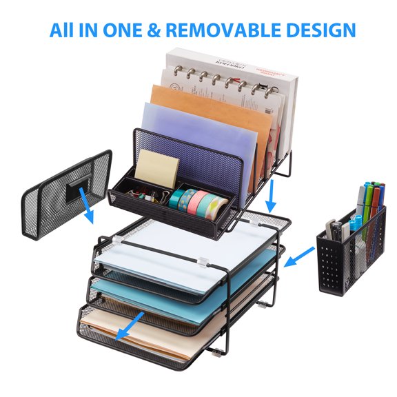Designa Stackable Mesh Desk Organizer - Features 3 Sliding Letter Tray Drawers, 4 File Holders, 2 Side Compartments, and a Pencil Holder - Non-Slip All-in-One Office Storage Solution, Black