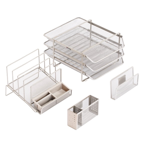 Designa Stackable Mesh Desk Organizer - Features 3 Sliding Letter Tray Drawers, 4 File Holders, 2 Side Compartments, and a Pencil Holder - Non-Slip All-in-One Office Storage Solution, Champagne Gold