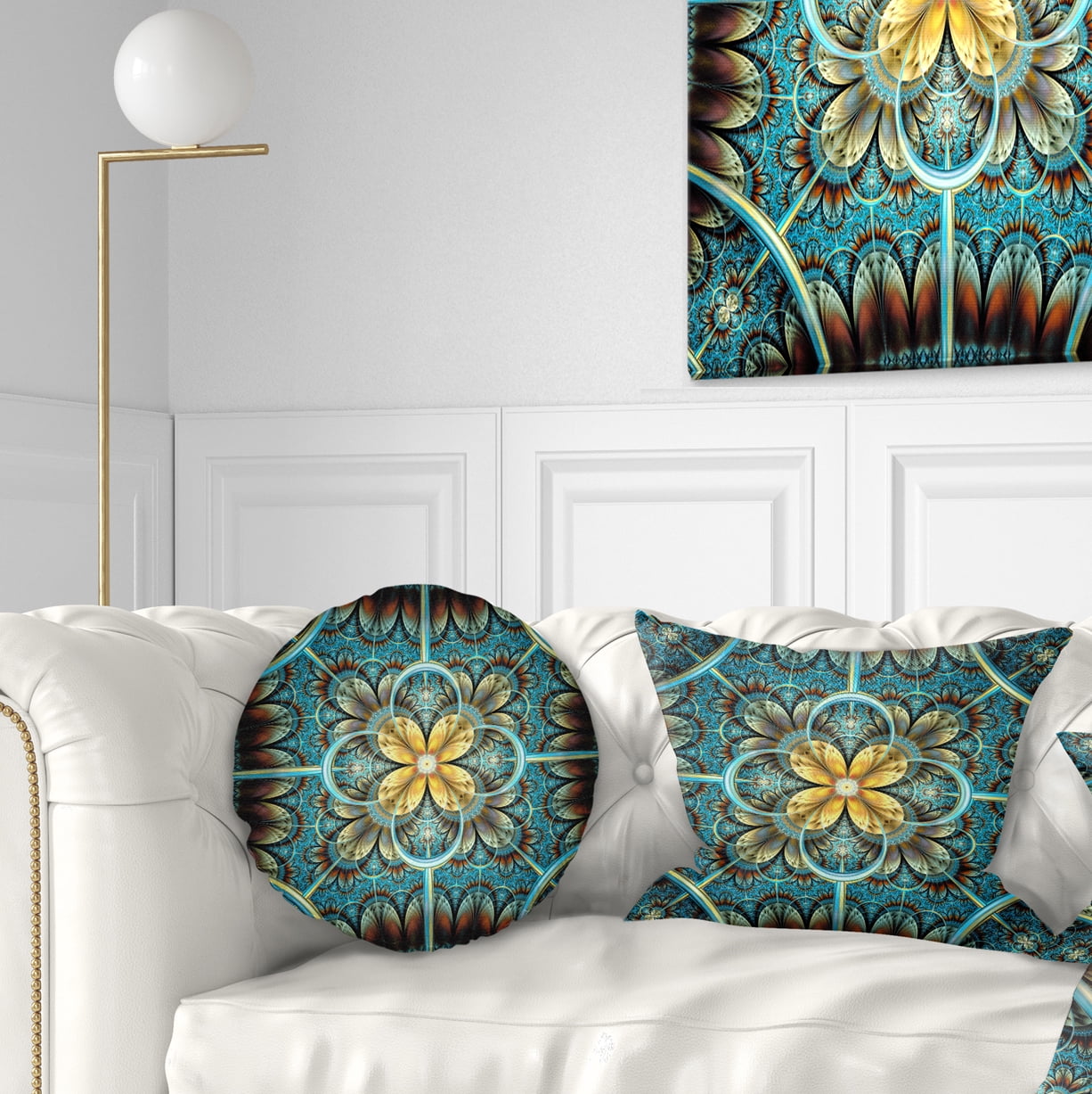 Designart 12" x 20" Contemporary and Modern Blue Fractal and Flower Polyester Throw Pillow