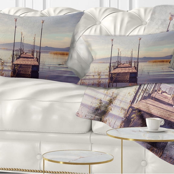 Designart Wooden Boardwalk to Clear Sea Water - Bridge Throw Pillow - 12x20