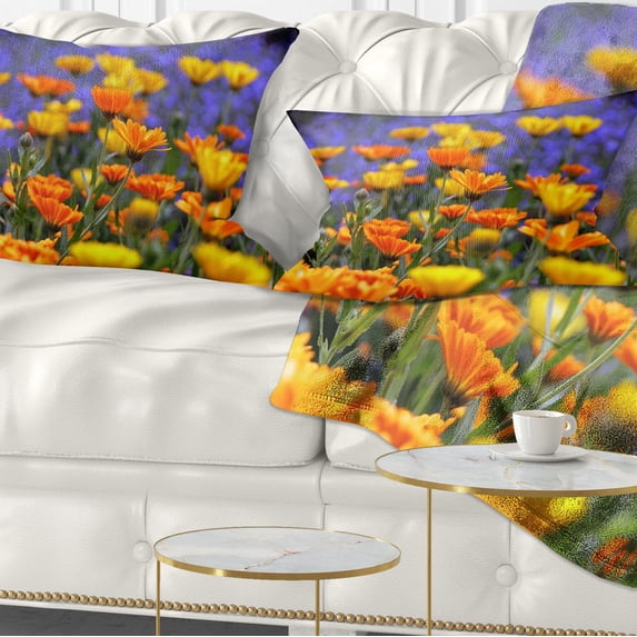 Designart 12" x 20" Orange Floral Polyester Throw Pillow