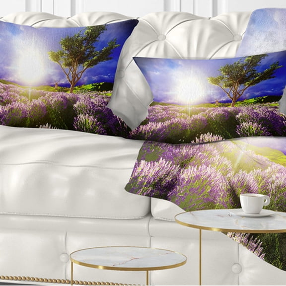 Designart Lavender Field under Blue Sky - Modern Landscape Printed Throw Pillow - 12x20