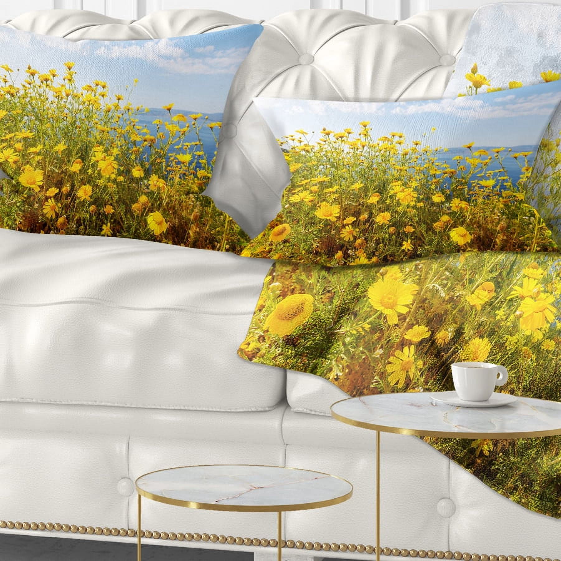 Designart Little Yellow Flowers over Seashore - Flower Throw Pillow - 12x20