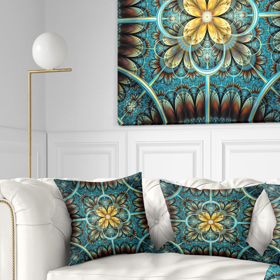 Designart 16" x 16" Contemporary and Modern Blue Fractal and Flower Polyester Throw Pillow