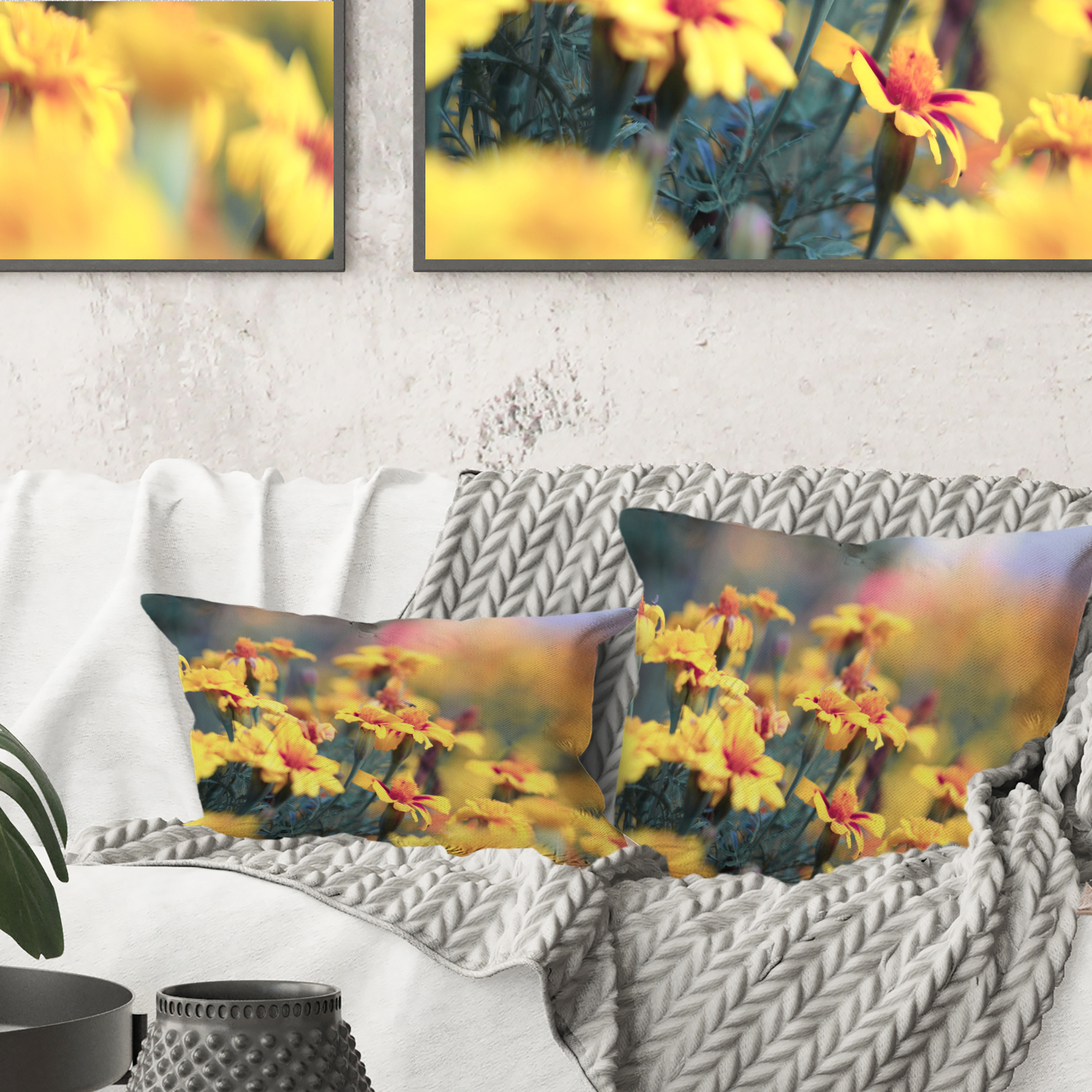 Designart 16" x 16" Yellow Floral Polyester Throw Pillow