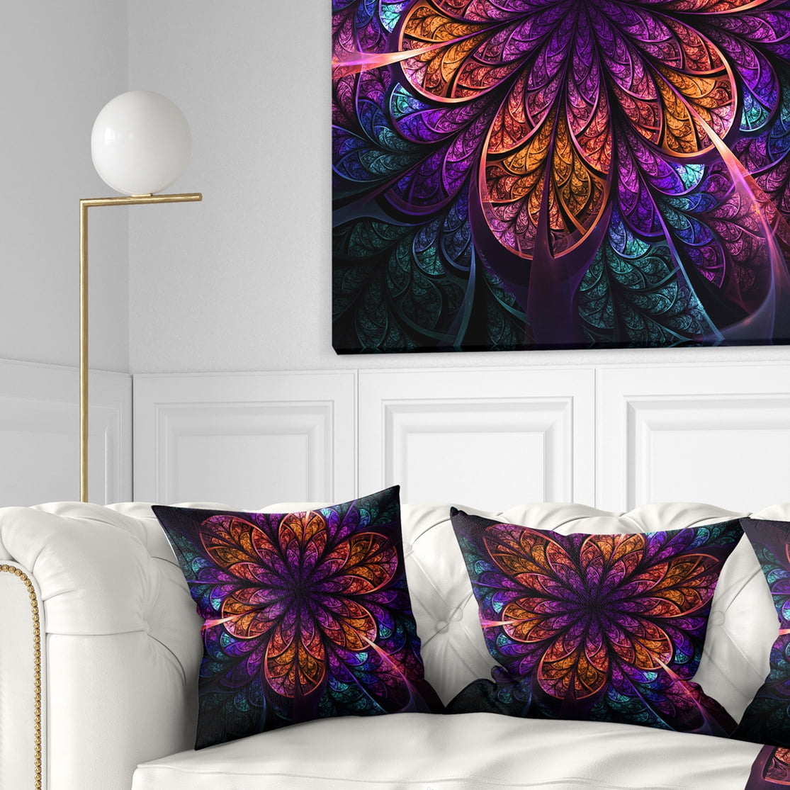 Designart 18" x 18" Contemporary and Modern Orange Fractal and Flower Polyester Throw Pillow